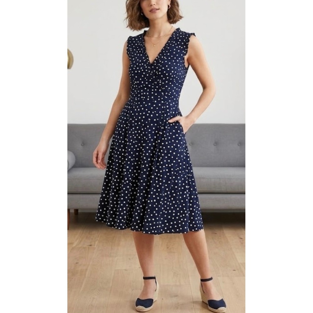 Tommy Hilfiger Navy Blue Polka Dot Ruffle Faux Wrap Dress Womens 8 Sleeveless